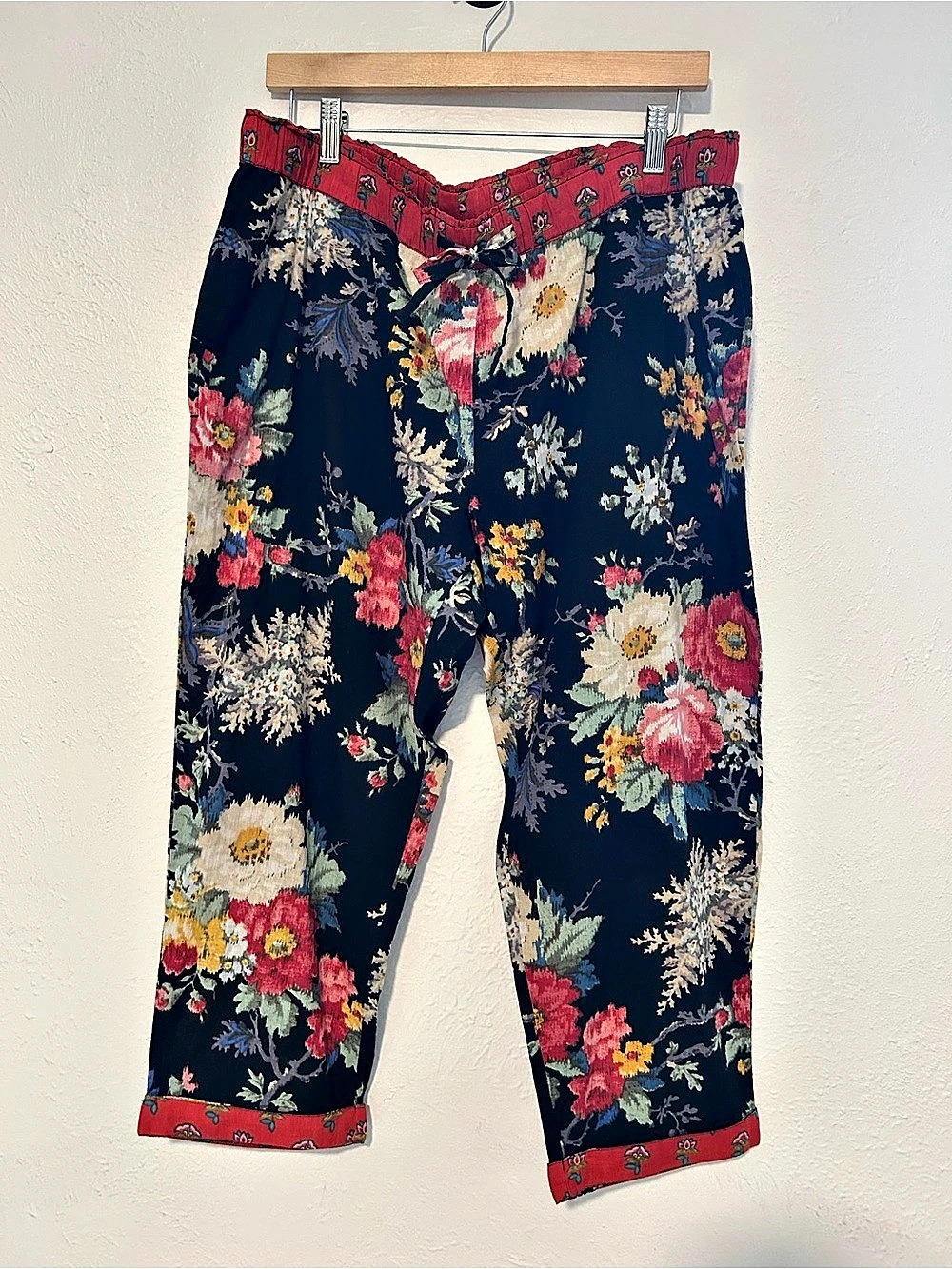 Sundance Floral Elastic Waist Ankle Pants Size PL 100% Cotton Bohemian Natural